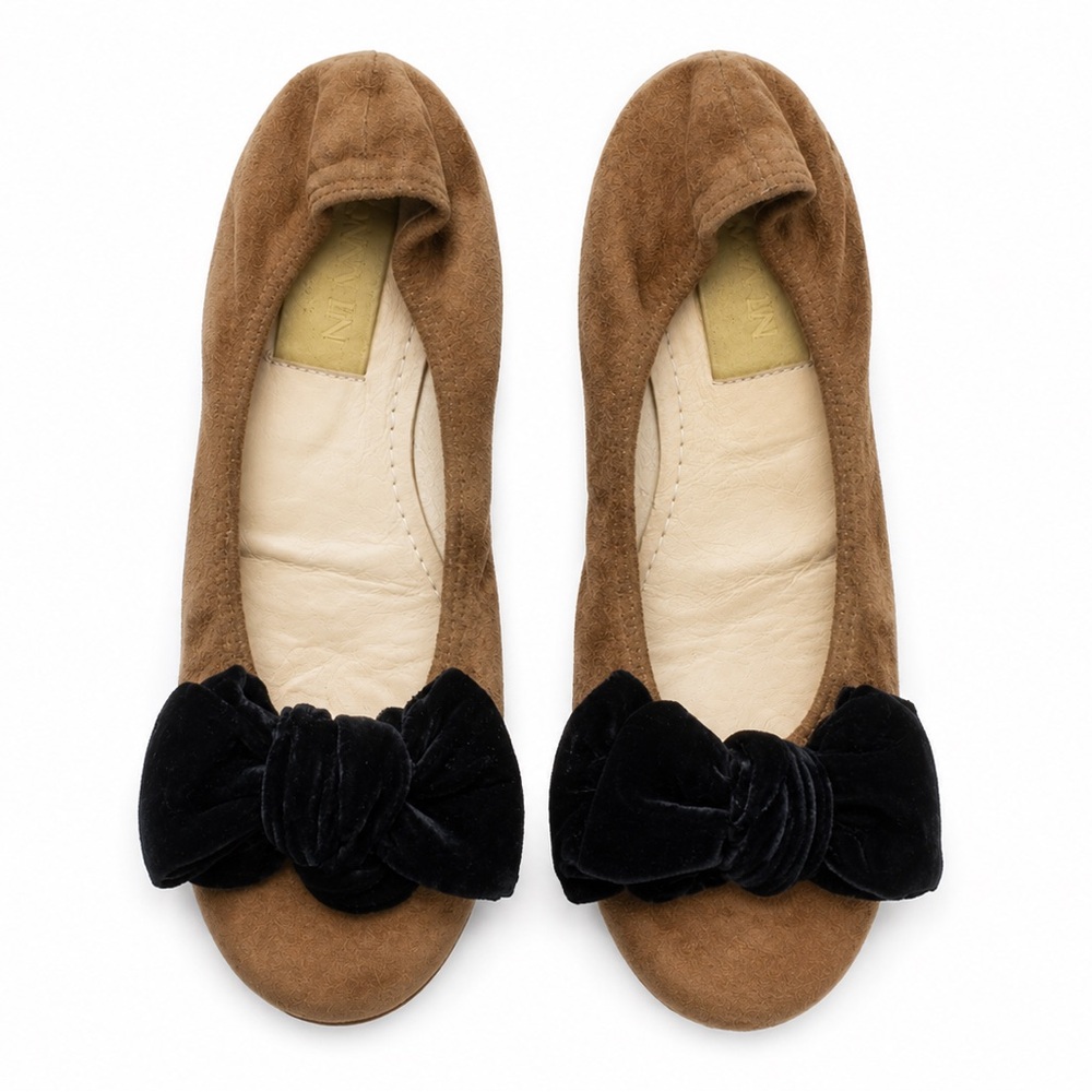 Lanvin Brown Tan Suede Ballet Flats Black Velvet Bow EU 38.5 Alber Elbaz